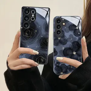 For Samsung S23 S24 S21 S20 S25 FE S22 Plus Note 20 Ultra 5G Retro Flower Glass Phone Case Cover