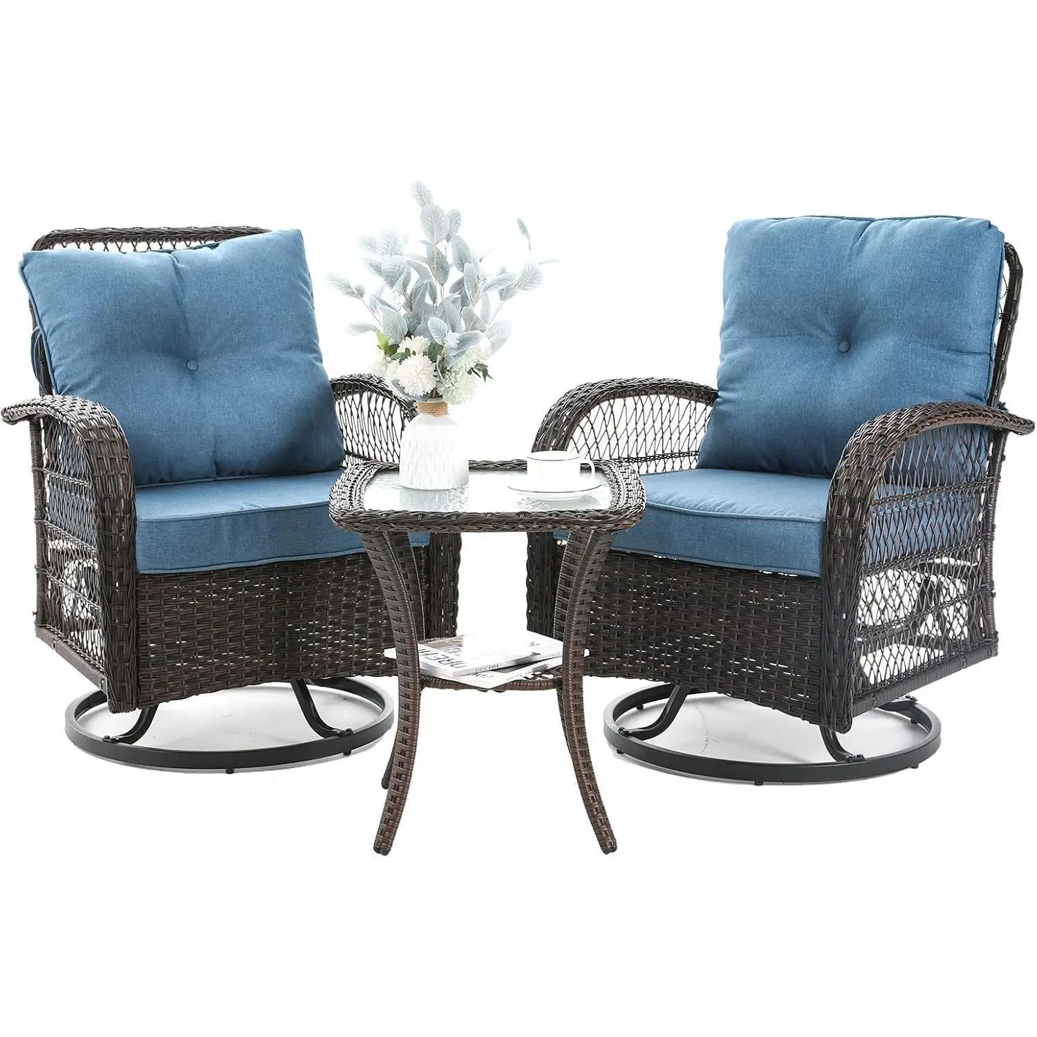 [Labor Day]Amopatio 3 Pieces Patio Furniture/Wicker Patio Bistro Set,Swivel Glider Rocker Thickened Cushions and Table for Family Backyard/Garden/Deck