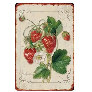2D Flat, Vintage Strawberry-Themed Metal Wall Sign Art Plaque| Multi-Use Decor for Bar, Cafe& Kitchen| Rustic Floral Design with White Flowers| Durable Iron Hanging Decoration