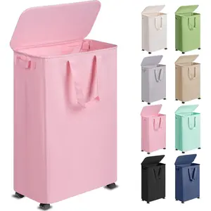 Slim Laundry Hamper with Lid and Wheels, Small Rolling Laundry Basket with Handle for Small Spaces, Tall Dirty Clothes Hampers for Dorm, and Bedroom, 75L, Pink