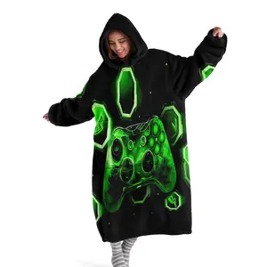 Hooded Blanket, Wearable Blanket, Neon Green Gaming Controller Digital Print Flannel Blanket Soft and Warm Blanket, Ideal for Sofa Throw, Home Relaxation Blanket, Air-Conditioned Blanket, Nap Blanket, Office Bed Blanket, Camping Travel Blanket