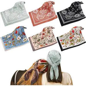 6 Pcs 27'' Square Head Scarves for Women Silk Like Lightweight Bandana Scarf with Paisley and Floral Patterns