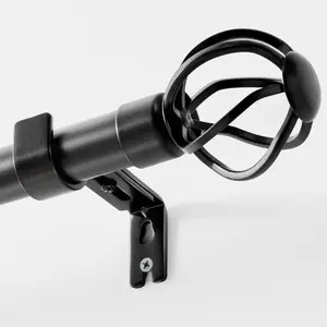Black Curtain Rods for Windows 66 to 120 Inch, 1 Inch Diameter Heavy Duty Outdoor Adjustable Curtain Rod with Twisted Cage Finials, , Single