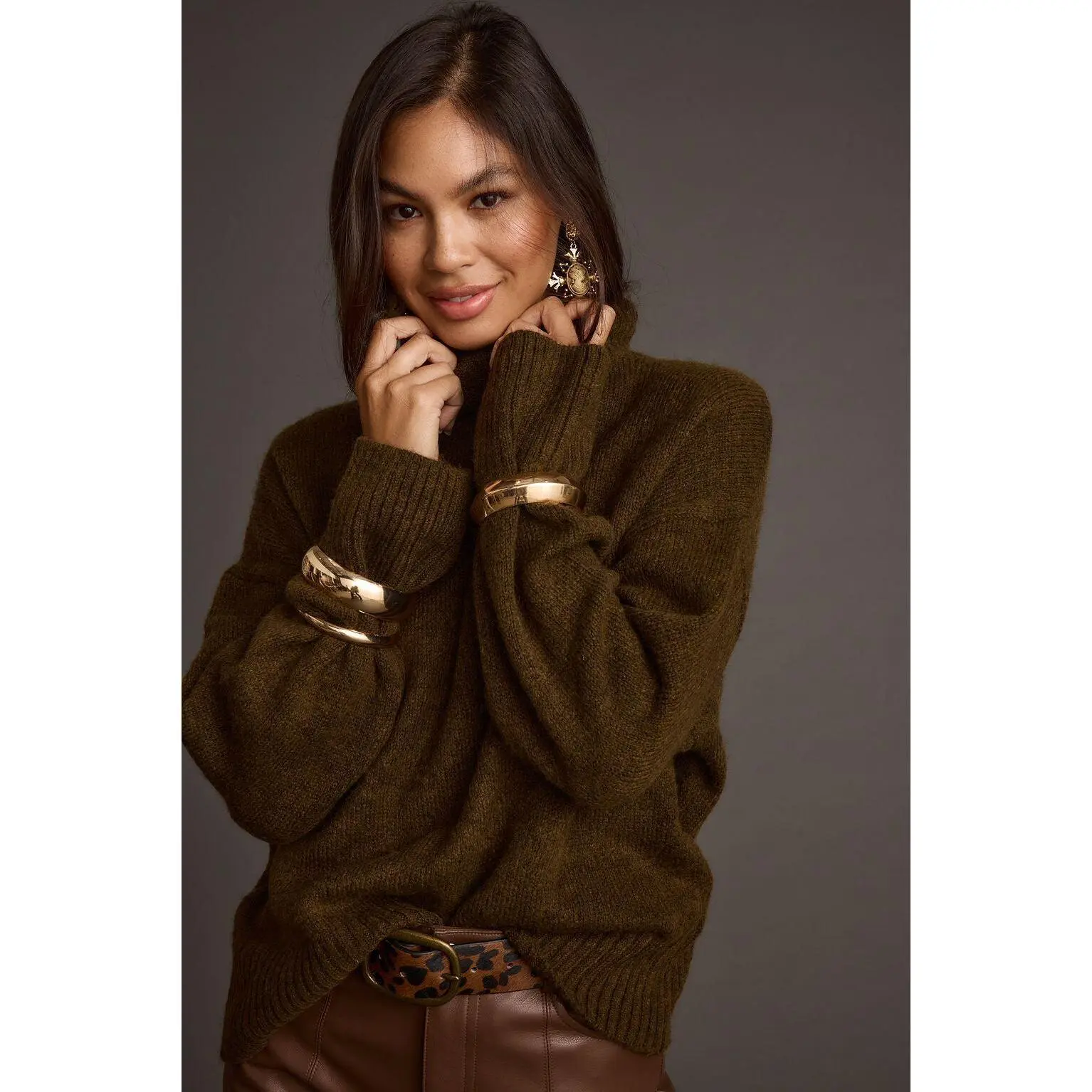 12th Tribe Women's Chic Soft Cedar Oversized Turtleneck Knitwear Top, Matching Women's Knitwear Option
