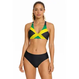 Act Jamaican Women's High-Waisted Bikini - Vibrant Black Green Gold Two-Piece Swimsuit with UP50+ Sun Protection & Removable Padding