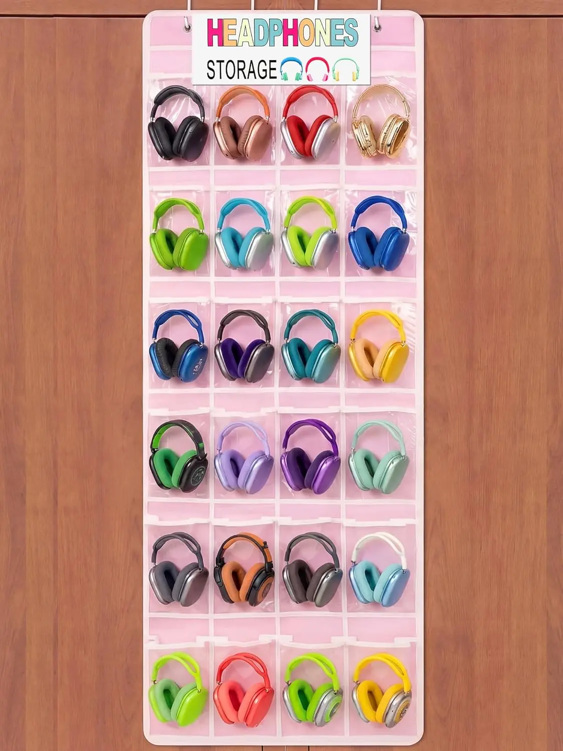 24 PVC Clear Over The Door Hanging Headphone Storage Organizer Holder Pocket with 4 Hooks for Classroom School Library (Pink)