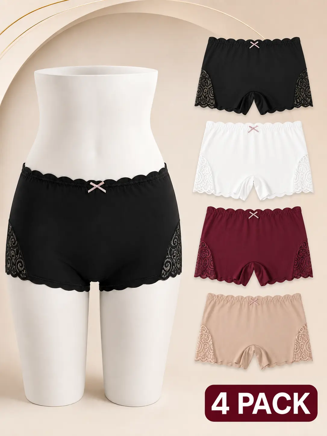 【4 Pack】Women’s High Waisted Boyshort Underwear, Seamless No Show Lace Safety Shorts, Soft Stretch Breathable Boxer Brief Panties, Anti Chafing Slip Shorts for Under Dresses, Skirts, Sleep, Workout and Everyday Comfort, Black White Burgundy Beige Set.