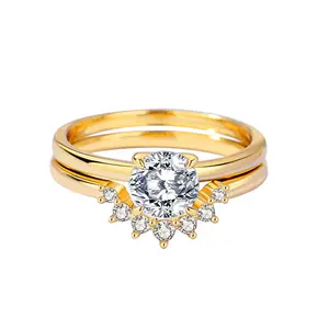 [LeBijouLab] Celestial Halo Golden 2in1 Set 1CT Synthetic Moissanite Engagement Ring For Women Fixed Size 6-9 Birthday Gifts Anniversary Gifts, Buy 1 Get 2 Eternity Ring Bands