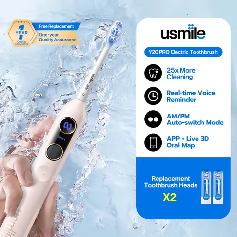 usmile Y20 PRO AI-Powered Rechargeable Electric Toothbrush - Nylon Bristles, Smart Control, AM/PM Switch, 5 Cleaning Modes, Plaque Removal, App Sync, Bone-Conduction Prompts, 90-Day Battery Life, USB-C Charging