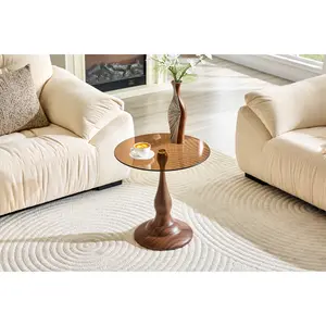 Small metal side table with walnut-grain finish and a round metal frame, featuring a glass top with a diameter of approximately 19.6 inches.Ideal for use next to a bed or sofa, in living rooms, etc.