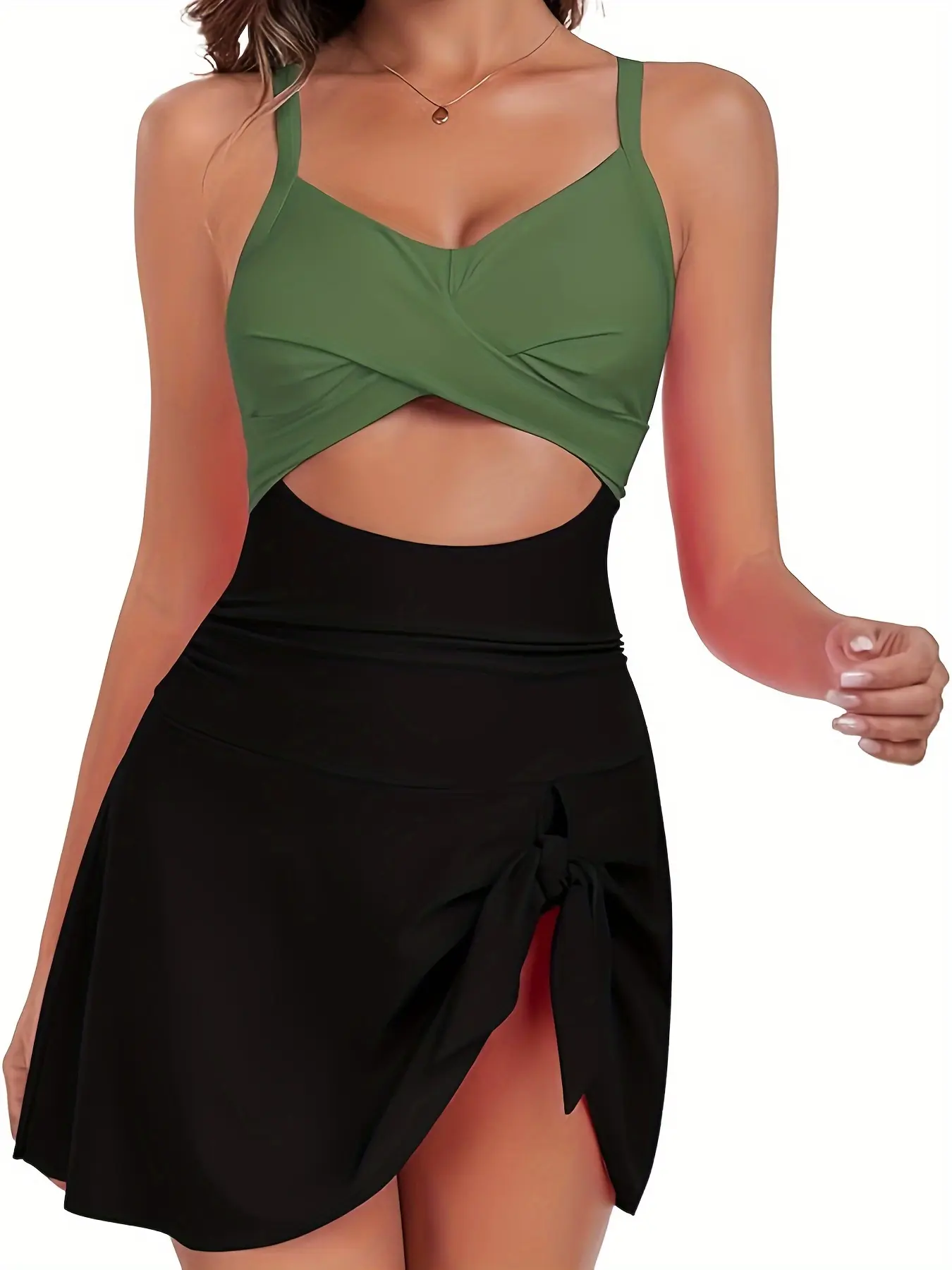 ZAFUL One Piece Swimsuit Tummy Control Push Up Swimwear Modest Swim Dress V-Neck Cute Bowknot Skirt