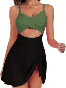 ZAFUL One Piece Swimsuit Tummy Control Push Up Swimwear Modest Swim Dress V-Neck Cute Bowknot Skirt