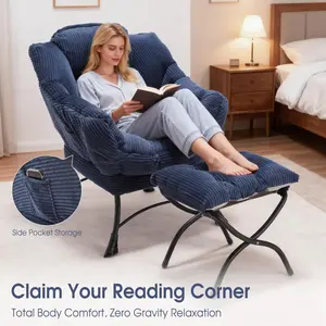 Modern Lazy Chair with Ergonomic Ottoman, Comfortable Lounge Chair with Footrest for Space Saving, Comfy Reading Armchair for Living Room, Bedroom, Office, Navy