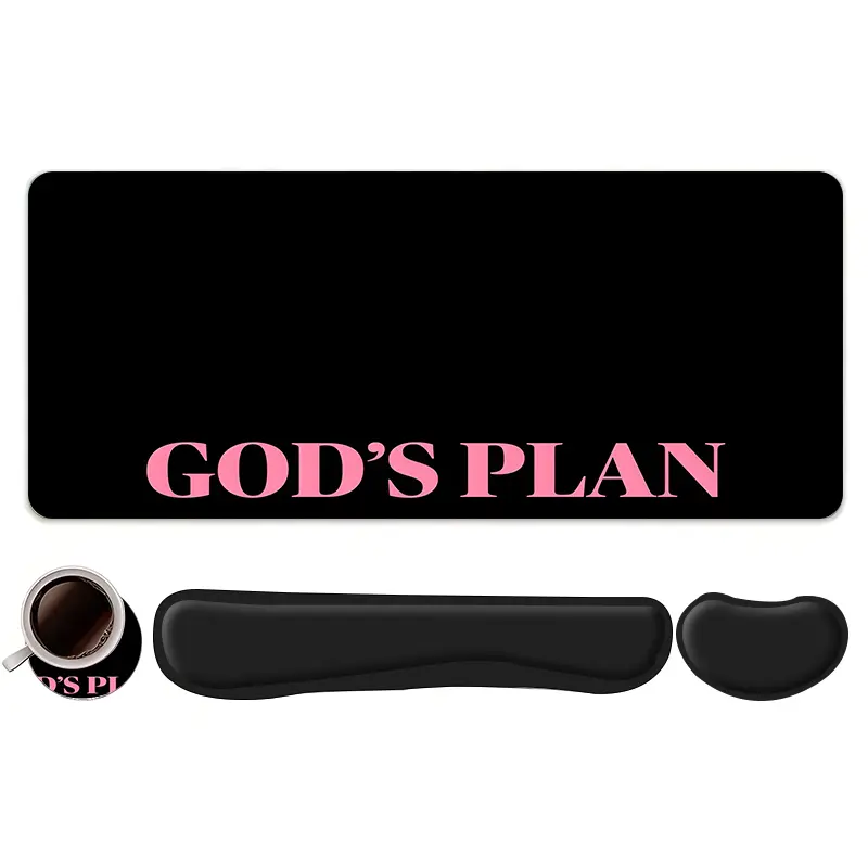 4pcs Pink "GOD'S PLAN" Design Mouse Pad and Keyboard Wrist Rest + Ergonomic Mouse Pad + Coaster Set For Desktop Decoration, Office Accessories Set Ergonomic Wrist Support, Computer Mat Mouse Pad Coaster Suitable For Home Office Gaming, Gaming Mouse Pads