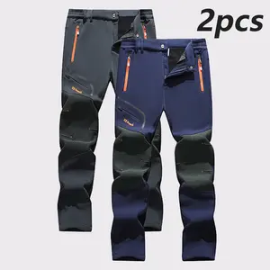 2PCS - Men's Outdoor Hiking & Ski Pants, Fashionable Fleece-Lined Warm Straight Casual Trousers, Windproof Waterproof Versatile Softshell Long Pants for Autumn Winter Daily Activities & Camping Hikes