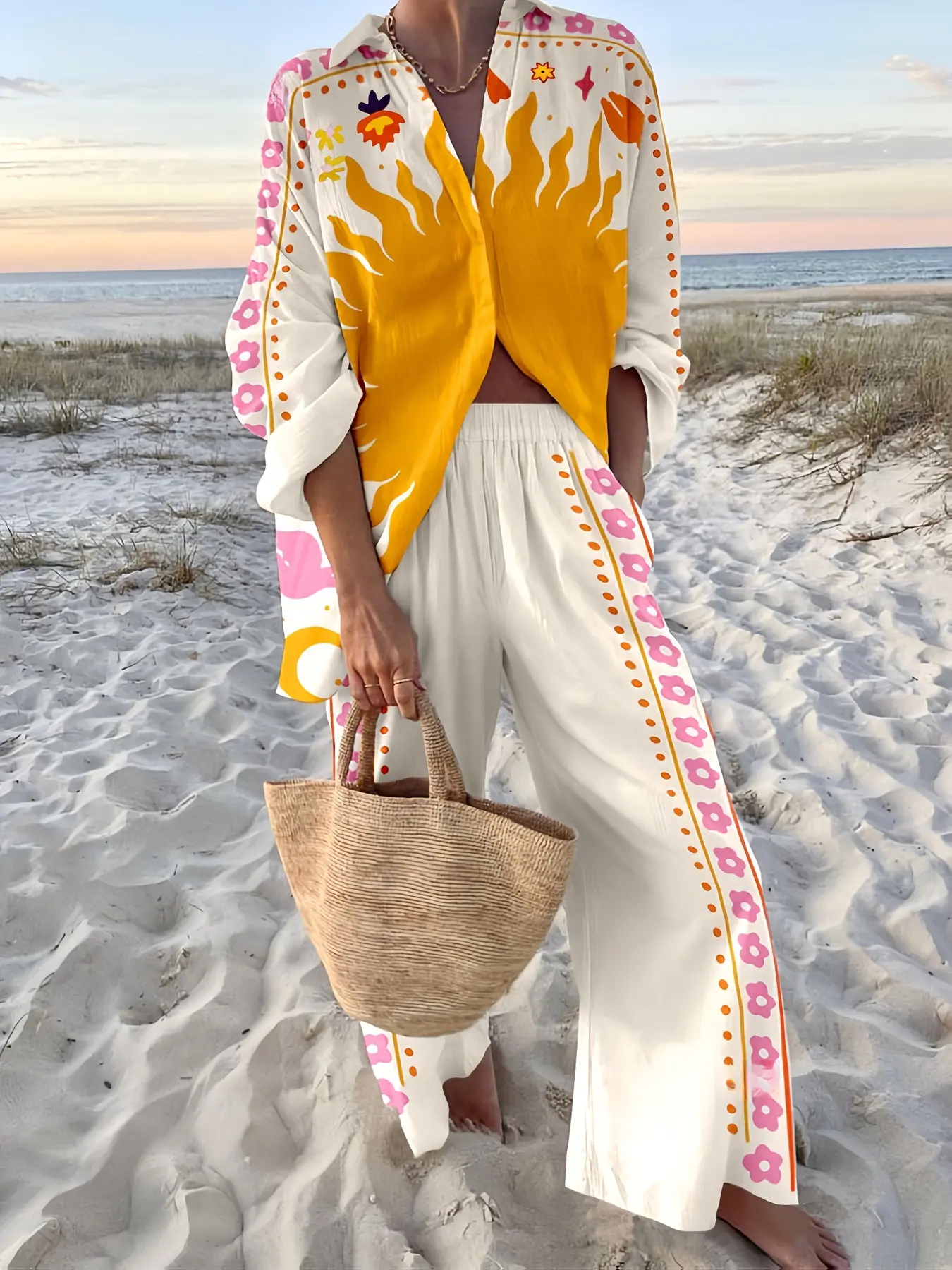 Ladies' Beach Vacation Outfit Featuring a Long-Sleeve Printed Shirt And Trousers in Various Colors, Fashion Clothing Set, beach set print, Womenswear