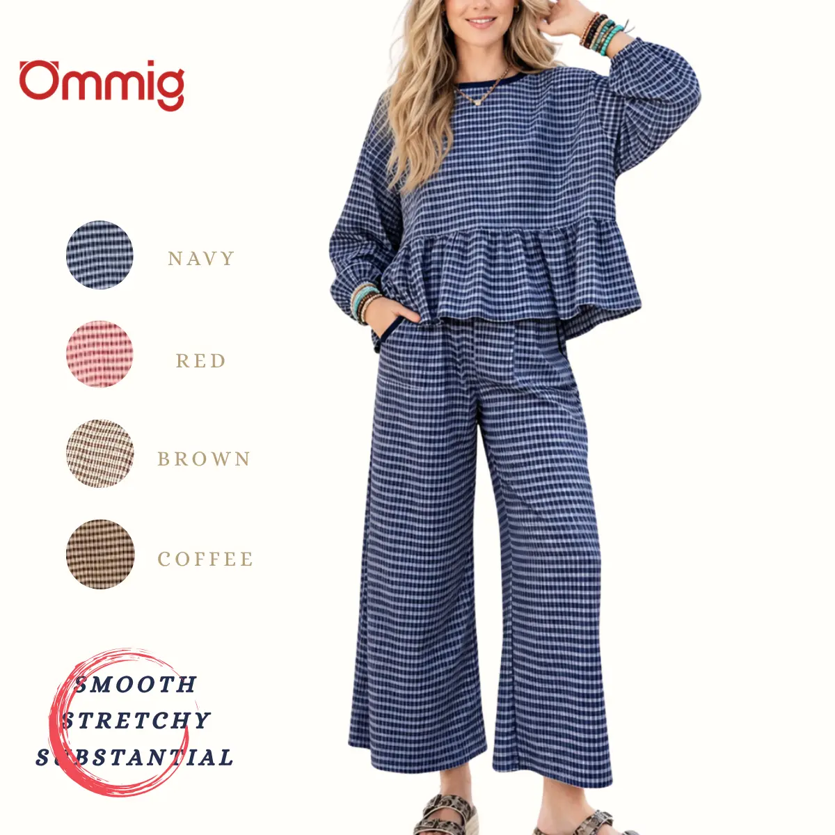 Ommig Women Casual Gingham Matching 2‑Piece Set, Long Sleeve Round Neck Ruffle Peplum Top High Waist Wide Leg Pants With Pockets