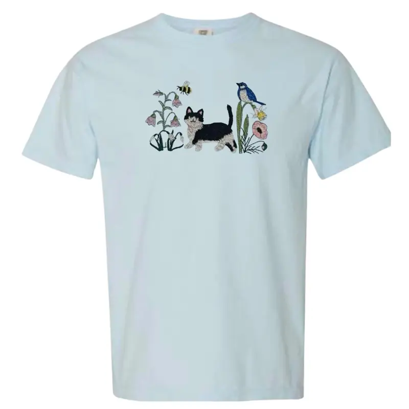 TUXEDO black and white cat Spring floral meadow cat dainty embroidered comfort colors shirt/ spring shirt/ comfort colors tee/ spring cat shirt