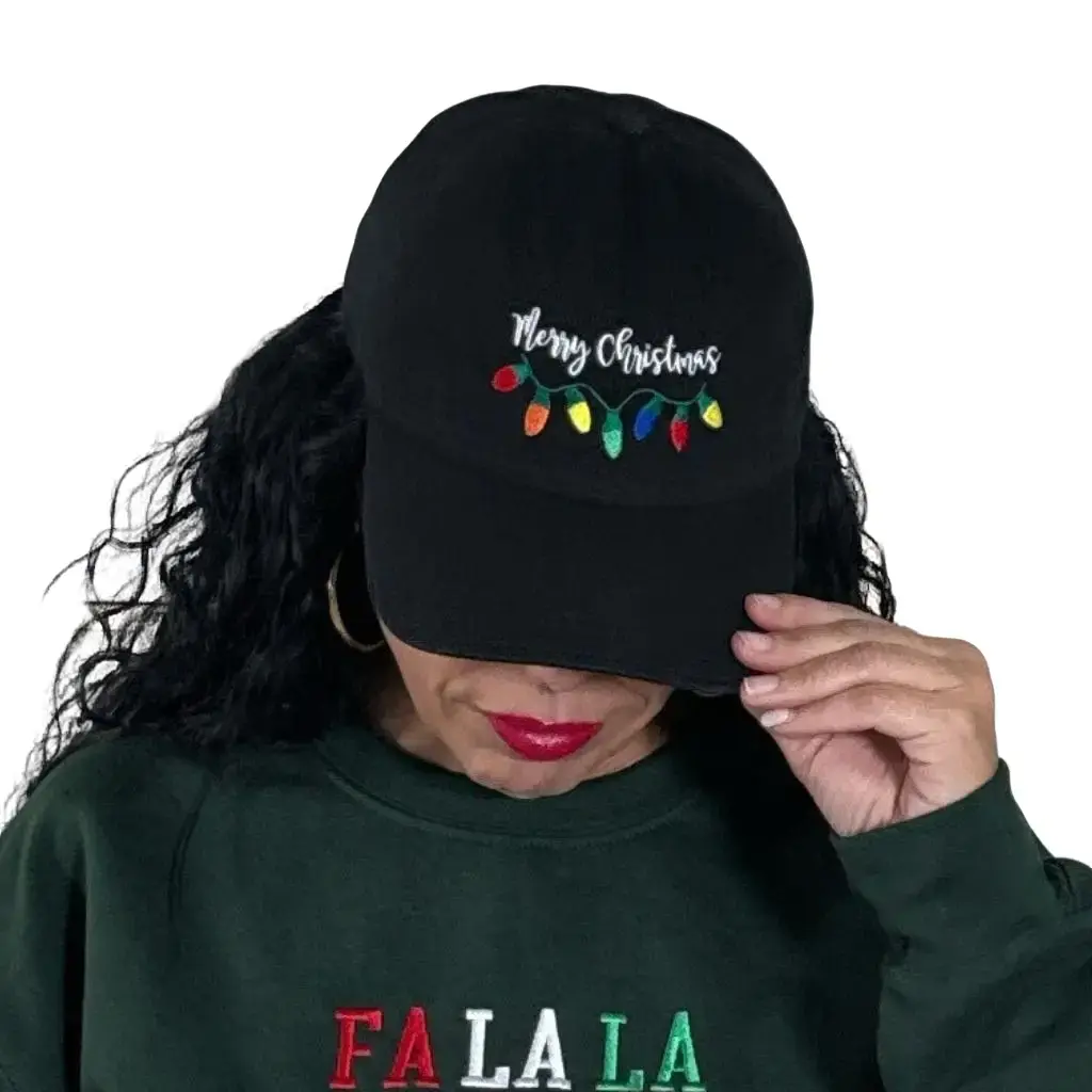 Merry Christmas Lights Baseball Hat Embroidered Baseball Hat for Christmas Lovers