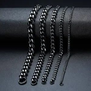 3mm/5mm Stainless Steel Curb Chain Necklace, Unisex, Men'S Black Cuban Chain, 18"-24" Open Loop Chain, Lobster Clasp Cuban Chain