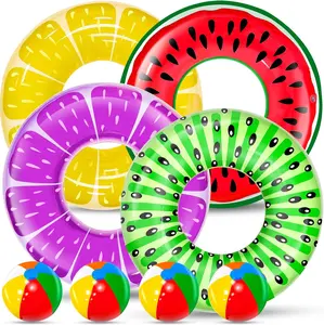 summervibes-8 Pack Inflatable Pool Floats Kids, 4 Pcs Fruit Swim Tubes Rings and 4 Pcs Beach Balls, Pool Floaties Summer Hawaiian Beach Toys Swimming Luau Party Floats for Kids Adults Water Fun