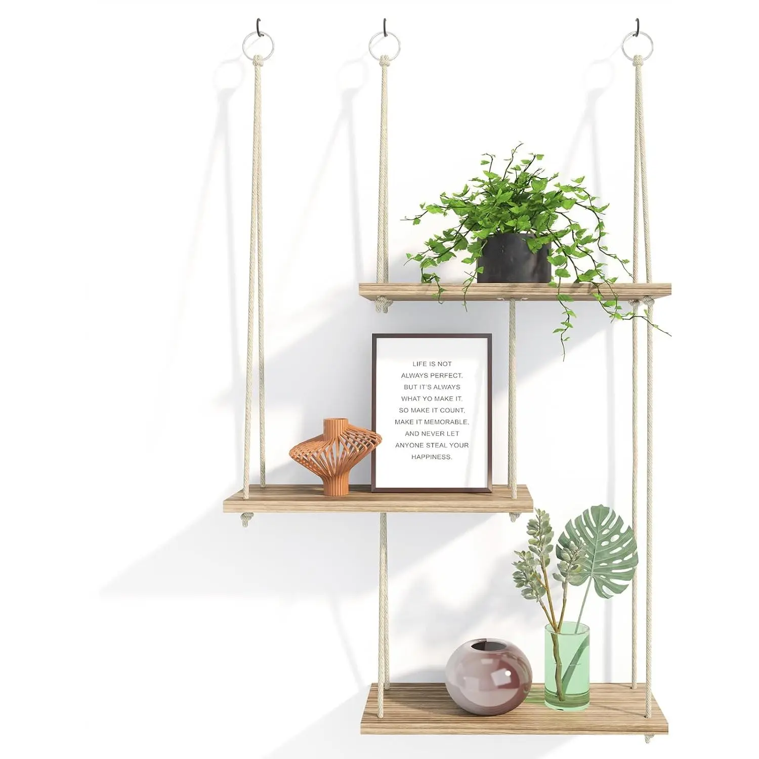 Rustic Brown Wooden 3-Tier Boho Wall Hanging Plant Shelves, Rope Floating Rack Organizer for Home Bedroom Storage - Leisure Outdoor Decor, Shelf Organizer, Plant Storage, Wall Mounted