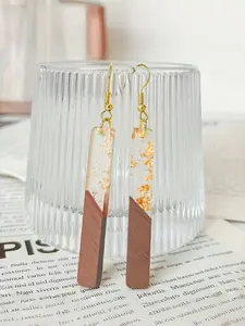 Elegant Wood Resin Pendant Dangle Earrings Set, Brass Material, Vintage Style, Perfect Gift for Mom, Beach Vacation, Valentine's Day, Fashion Jewelry