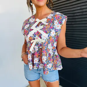 Women's Chic Polyester Green Floral Print Blouse - Sleeveless, Bow Applique, Peplum, Slit Design, Stylish Top, lc25129527-p620