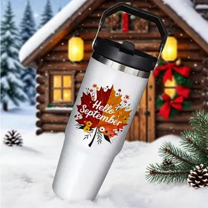 30oz Insulated Stainless Steel Coffee Mug with Straw, Christmas Art Maple Leaf Design, Perfect Gift for Men & Women