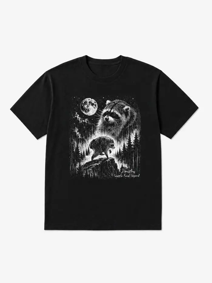 Women's Aesthetic Jimothy Seattle Feral Legend Moon Forest Raccoon Pure Cotton Short-Sleeve Unisex T-Shirt, Fits Cargo Day Wear, Shortsleeve, Casual
