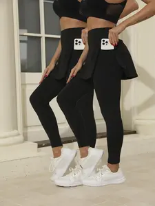 Women's Solid 2 in 1 Pocket Sports  Skirted  Leggings, Casual Comfy Breathable High Stretch Yoga Leggings, Ladies Sportswear for Indoor Outdoor Wear