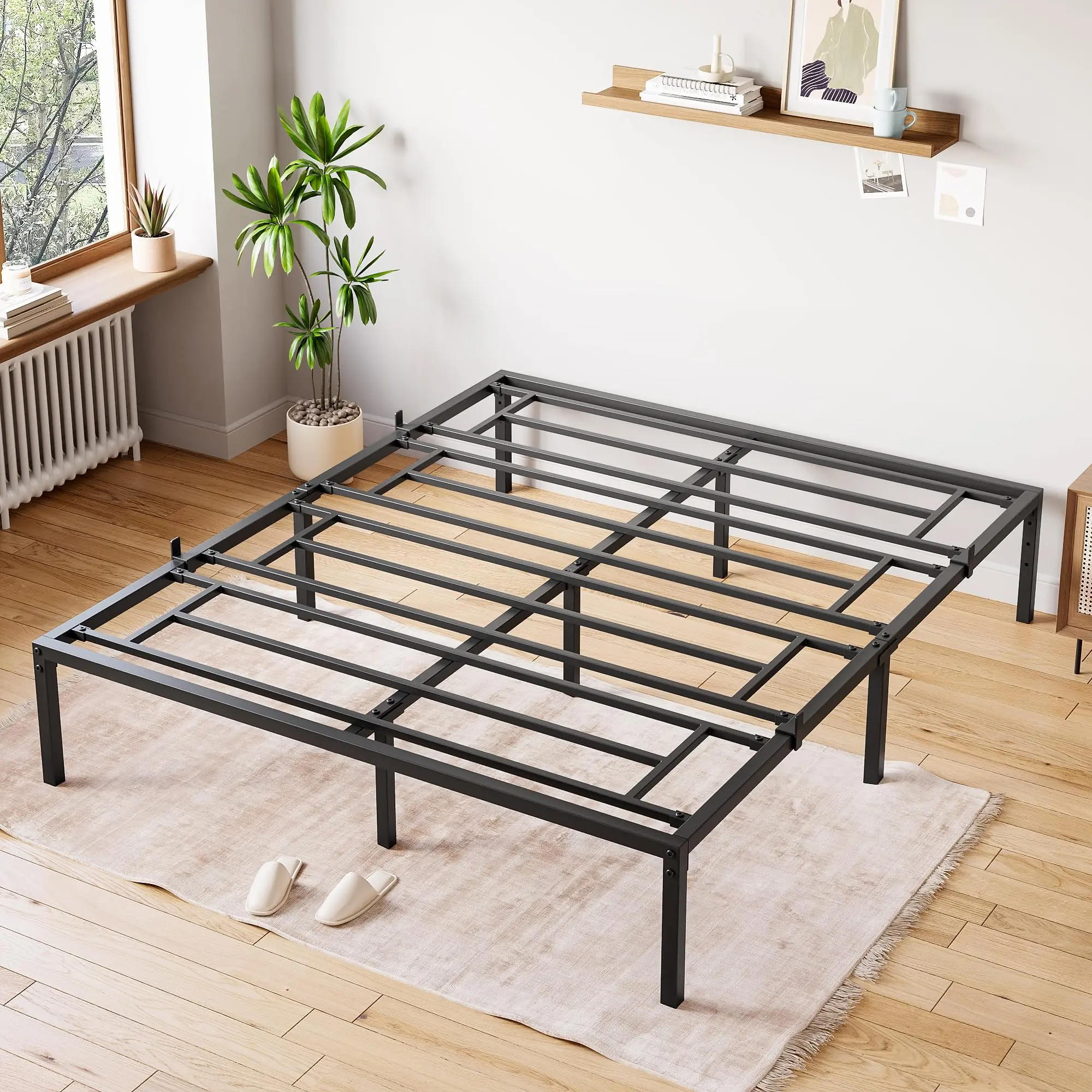 16 in Rectangular Twin Size Metal Storage Bed Frame – Heavy Duty Classic Modern Bedroom Platform, Steel Support, No Box Spring Needed, Quick Setup, Noise-Free, Easy Assembly Mattress Foundation, Black, Assembly Required