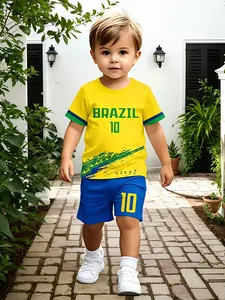 Brazil football kids top & shorts, number 10 print loose breathable sport casual two-piece