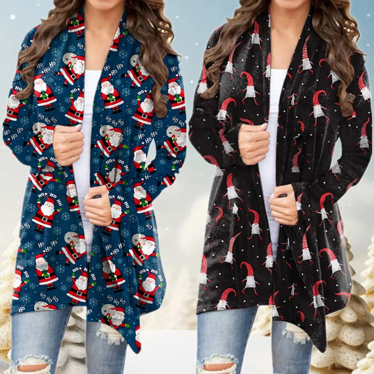 Women's Christmas Themed Knitwear Tops - Longsleeves Open Cardigan, Comfortable Solid Print Winter Casual Sweater, Fashion, Fit, Sleeved, Polyester, Loose, V-Neck, Holiday, Festive Theme
