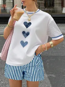 Summer New Women's Round Neck Simple Heart Print Short Sleeve Top + Plaid Colorblock Striped Shorts Casual Set, 2 Pieces Outfit Womenswear