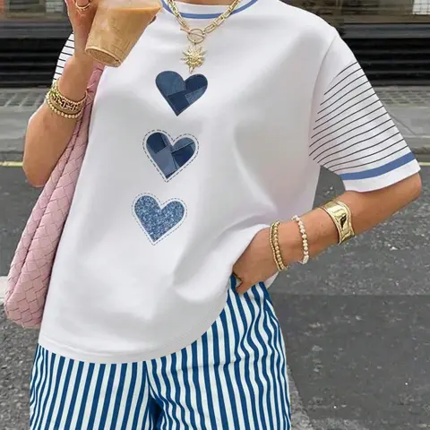 Women's Summer 2-Piece Outfit Set, Heart Print Short Sleeve T-Shirt Top & Blue White Striped Shorts, Crew Neck Casual Matching Set, Lounge Womenswear