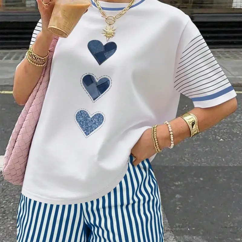 Women's Summer 2-Piece Outfit Set, Heart Print Short Sleeve T-Shirt Top & Blue White Striped Shorts, Crew Neck Casual Matching Set, Lounge Womenswear