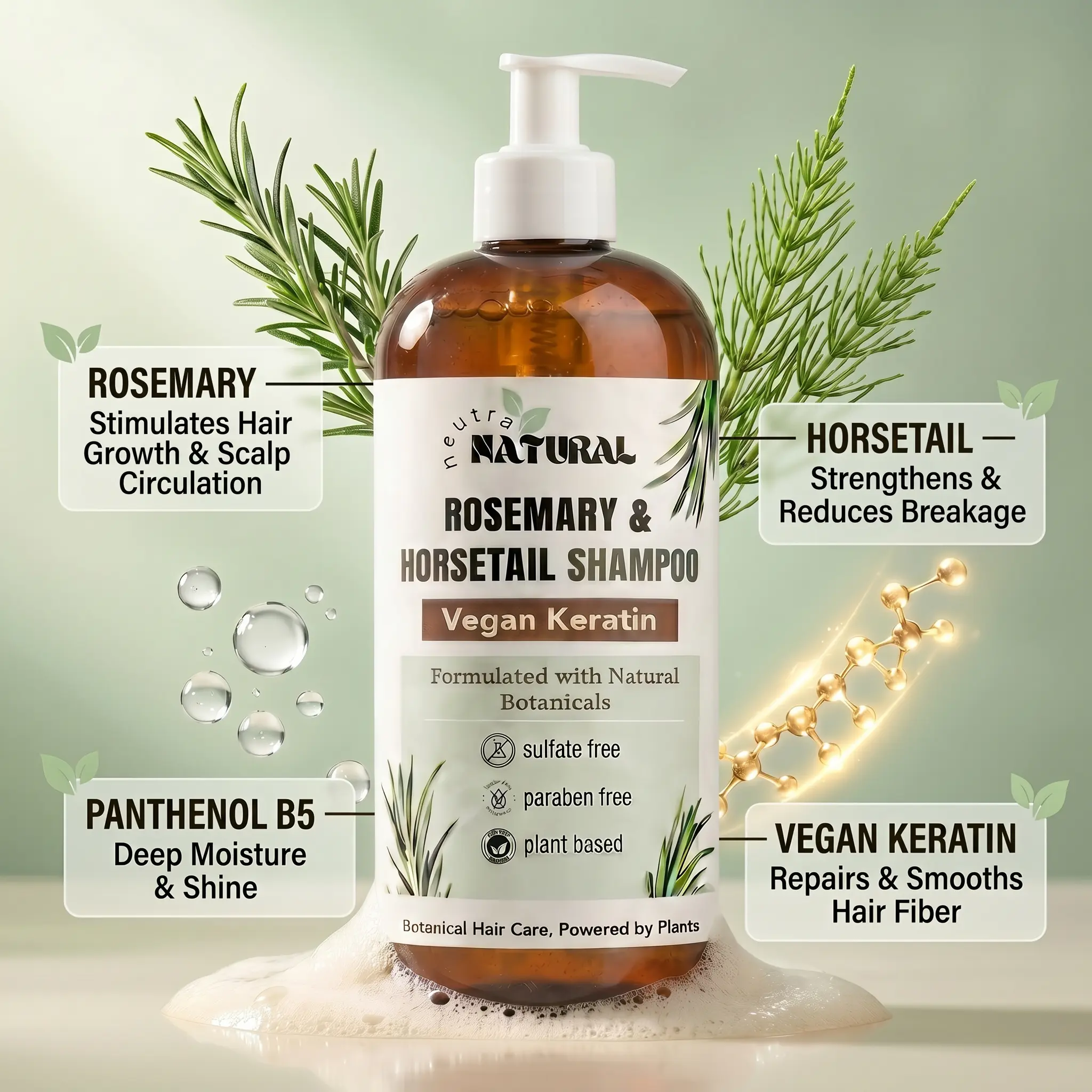 Neutra Natural Rosemary & Horsetail Shampoo – Vegan Keratin Botanical Hair Cleanser, Sulfate Free Plant Based Formula with Essential Oils, Panthenol & Vegan Proteins – 12 oz Cleansing Haircare