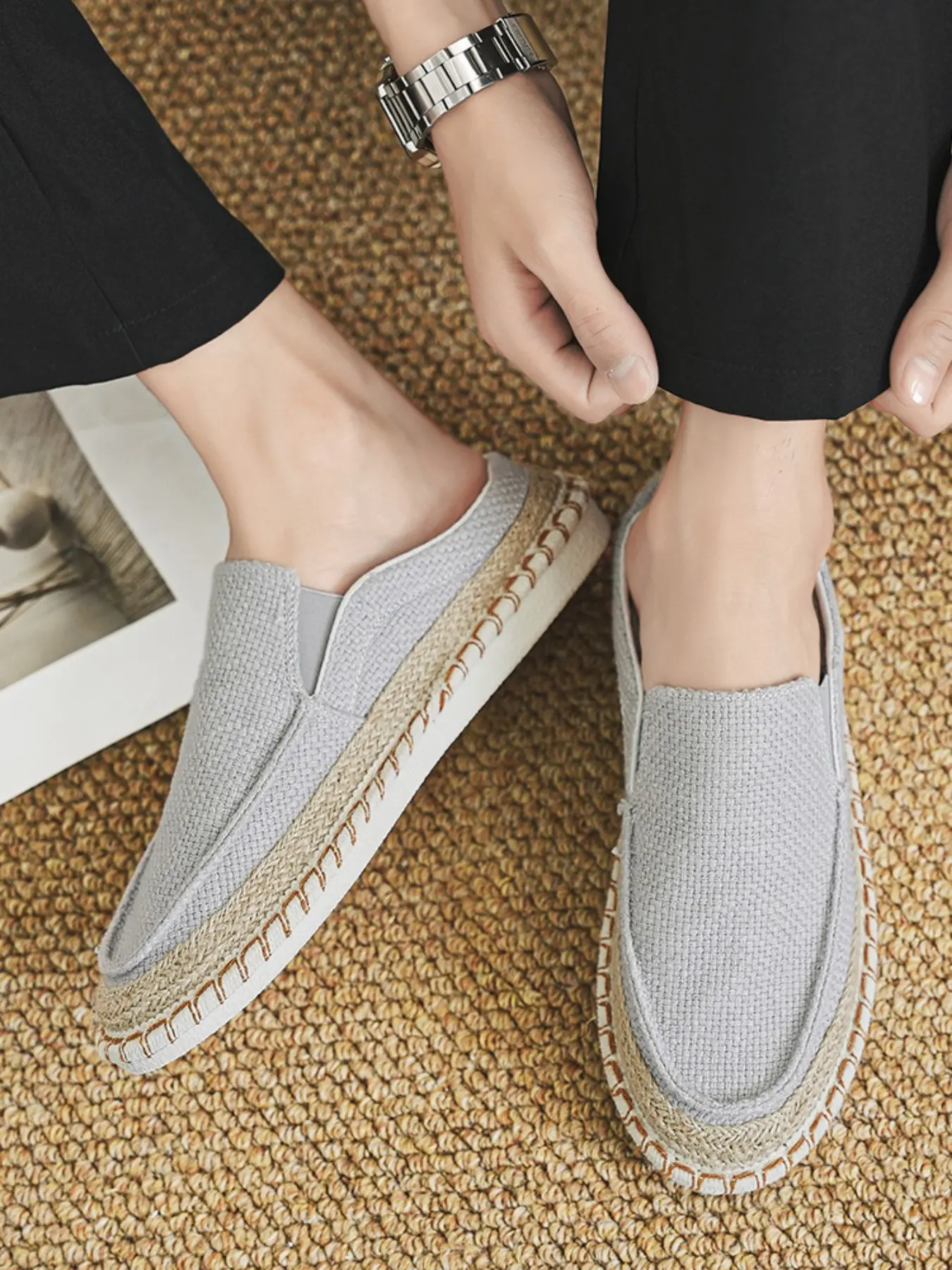 New Summer-Fall Men's Linen Weave Slip-On Shoes, Breathable Straw Trim Fisherman Shoes, Soft Sole Anti-Slip Casual Oxford Shoes, Flat, All-Season Commuter Driving Shoes, Walking Shoes, Slip On Style