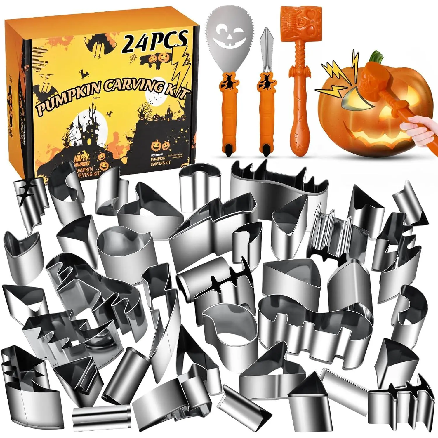 25pcs Sturdy Pumpkin Carving Kit with Hammer - Stainless Steel Blades, Plastic Safe Grip Handles, Over 1000 Uses, Various Shapes, Safe Easy DIY Tools for Kids, Halloween Jack-O-Lantern Decoration, Festive Gift