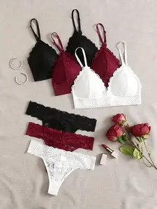 Women's Floral Lace Bra & Thong Underwear Set, Elegance Adjustable Strap Cut Out Bra & Thong, Soft Comfy Breathable Underwear Set for Women