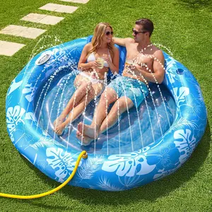 DSQUU XL-Inflatable Tanning Pool Lounger Float with Sprinkler, 72"x65" Round Pool Float Adults with Pillow XL Cup Holder Handle Blow Up Tanning Bed for Summer Sunbathing Water Lounge Party Gifts, Blue