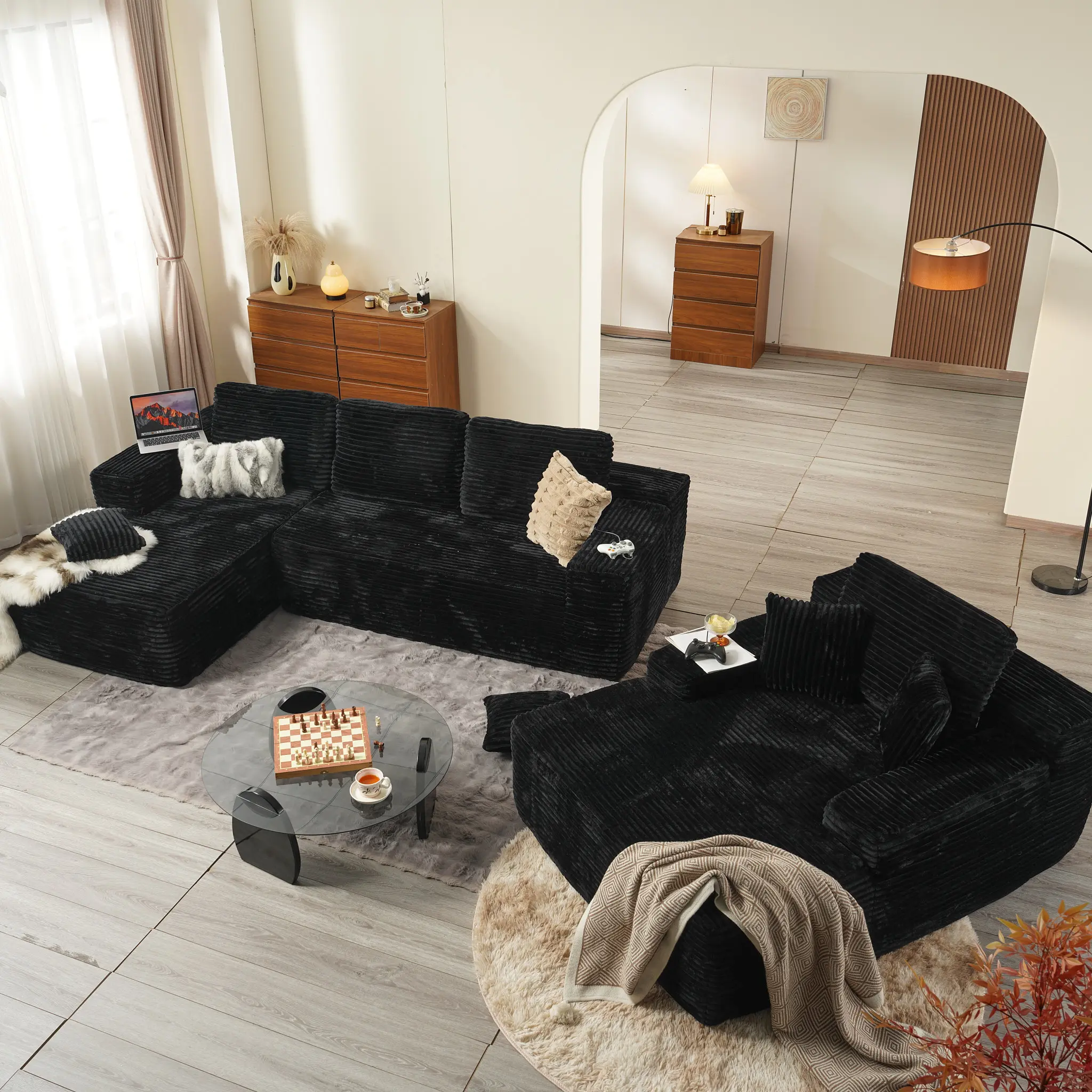 Black Plush Corduroy Left Chaise with Chaise Sofa