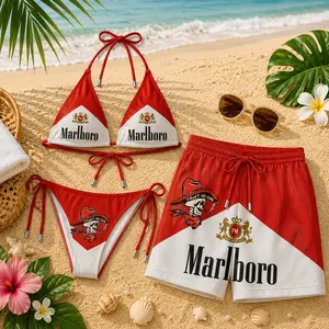 Marlboro Desert Cowboy Print Bikini Set & Men’s Swim Shorts – Vintage Western Aesthetic Couple Beachwear, Summer Vacation Outfit, Bold Graphic Style