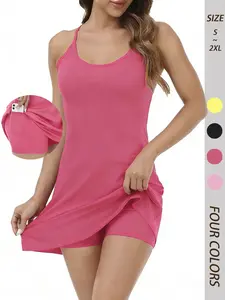 Women's Summer Sportswear Plain Sleeveless Mini Dress & Shorts Set, Fitted Design, Ideal for Yoga & Sports, Short Pants with Pockets，Alo sets