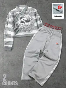 American Casual Short Sweatshirt and Sports Pants Set Y2K Trend Unisex Loose Fit, Slim-Fitting Long Sleeve for Fall & Winter Athletic Tracksuit Set Sweatsuit Sets Stylish Tracksuit Streetwear Tracksuit Set