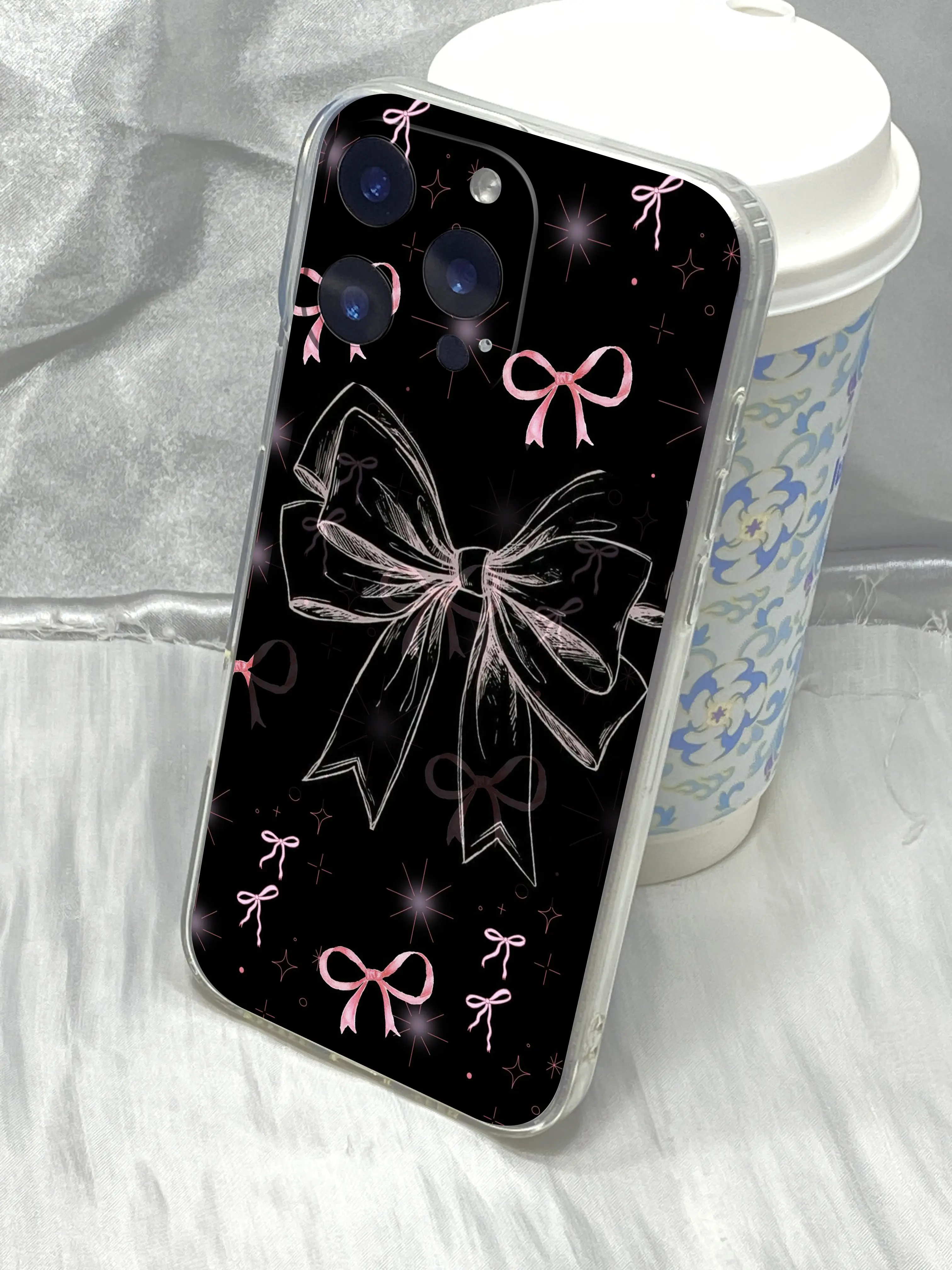 M182 Black Pink Bow Clear TPU Case for iPhone 17 16 15 14 13 12 11 Pro Max Plus 17 Air XS Max XR Shockproof Camera Protection Soft Back Cover