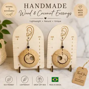 Women's Handmade Coconut Wood Lunar Dangle Earrings - Brazilian, Lightweight, Boho Chic Style Costume Jewelry, Earring for Women, Chic Style Earrings