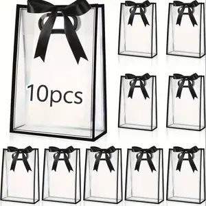 10Pcs Clear PP Plastic Gift Bags Reusable With Die Cut Handle Elegant Ribbon Design White Black For Wedding Bridal Shower Christmas Birthday Party Gift Wrapping