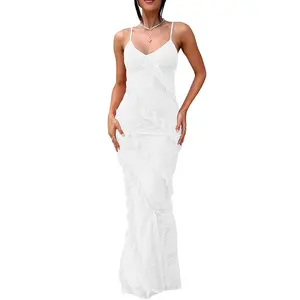 HOCILLE Women's Sexy V Neck Floral Lace Wedding Bodycon Spaghetti Strap Elegant Ruffle Maxi Cocktail Party Dresses